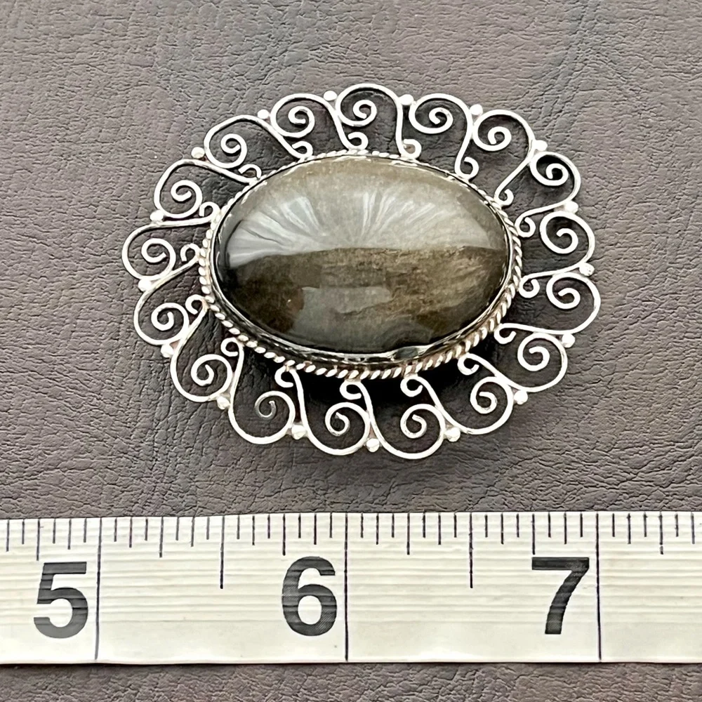 Los Ballesteros vintage sterling silver 925 obsidian brooch pin